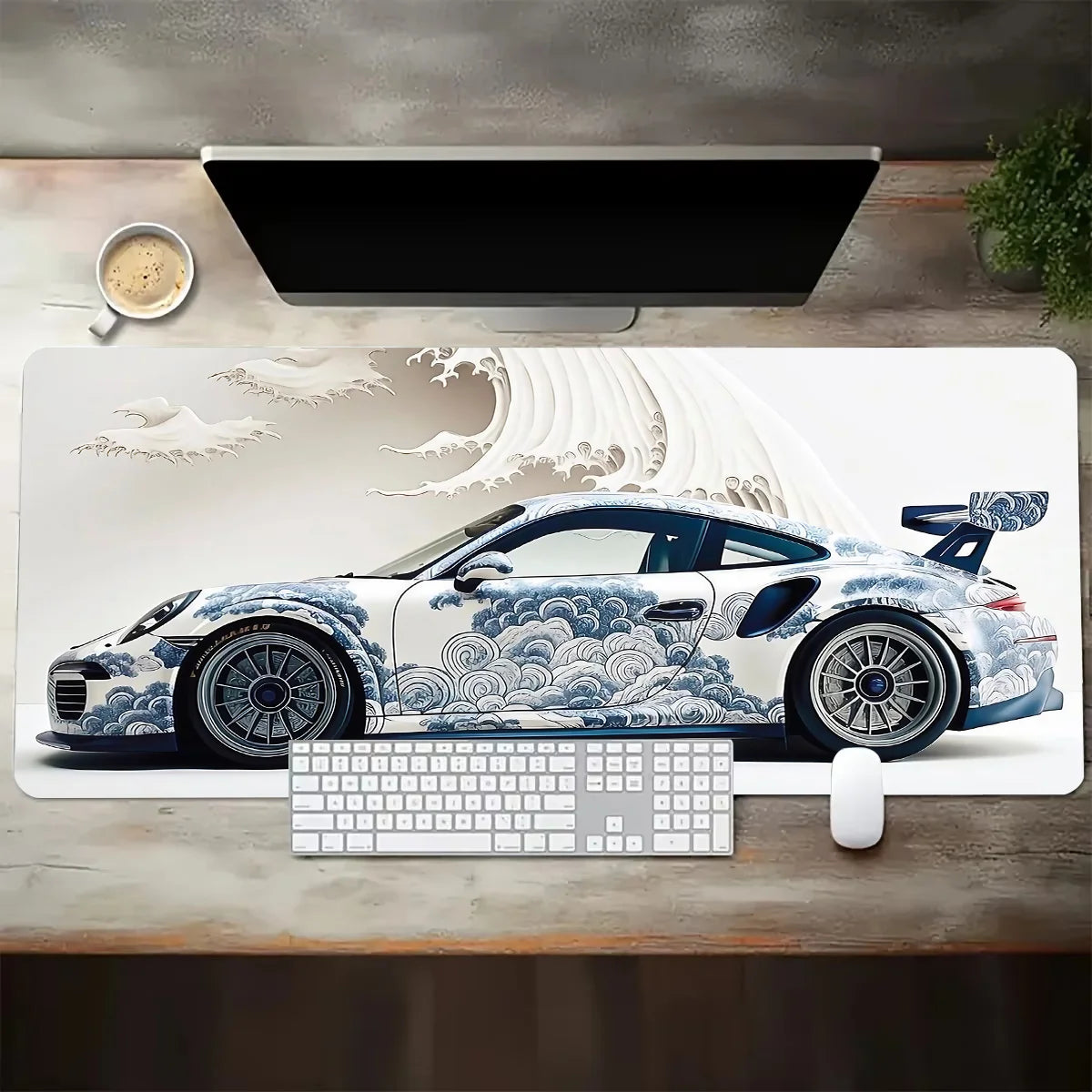 Large White Sports Car Design Gaming Mouse Pad Anti-Slip Rubber Base Extended Desk Mat for Gamer Office Use Computer Accessories